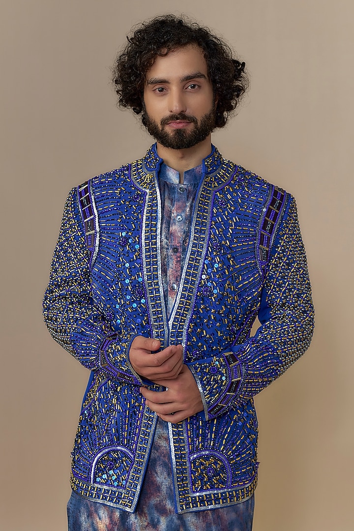 Blue British Twill Cutdana Embellished Indowestern Set by Dapper & Dare at Pernia's Pop Up Shop