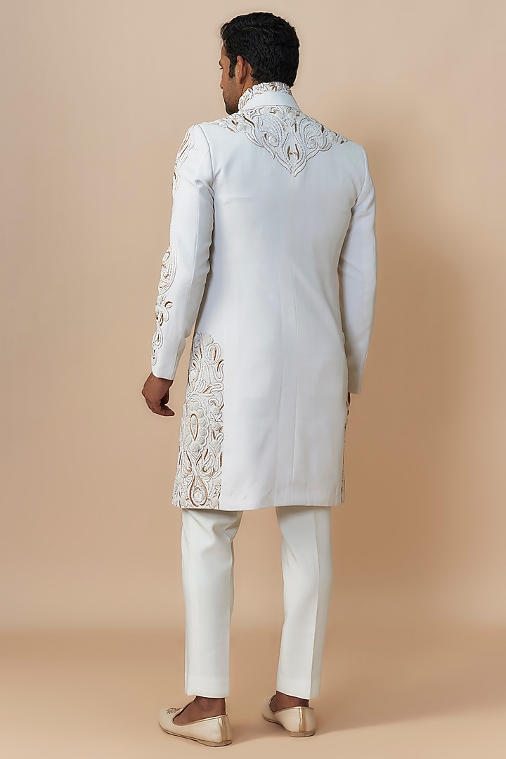 White Japanese Crepe Hand Embroidered Long Suit Set by Dapper & Dare at Pernia's Pop Up Shop