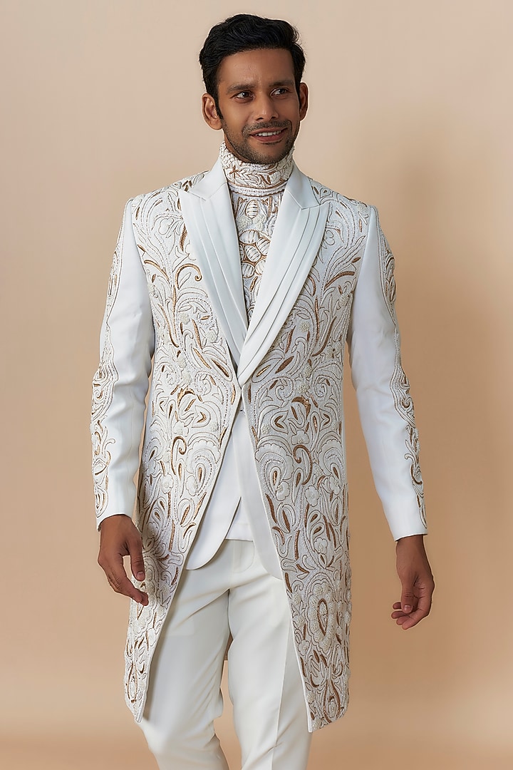 White Japanese Crepe Hand Embroidered Long Suit Set by Dapper & Dare at Pernia's Pop Up Shop