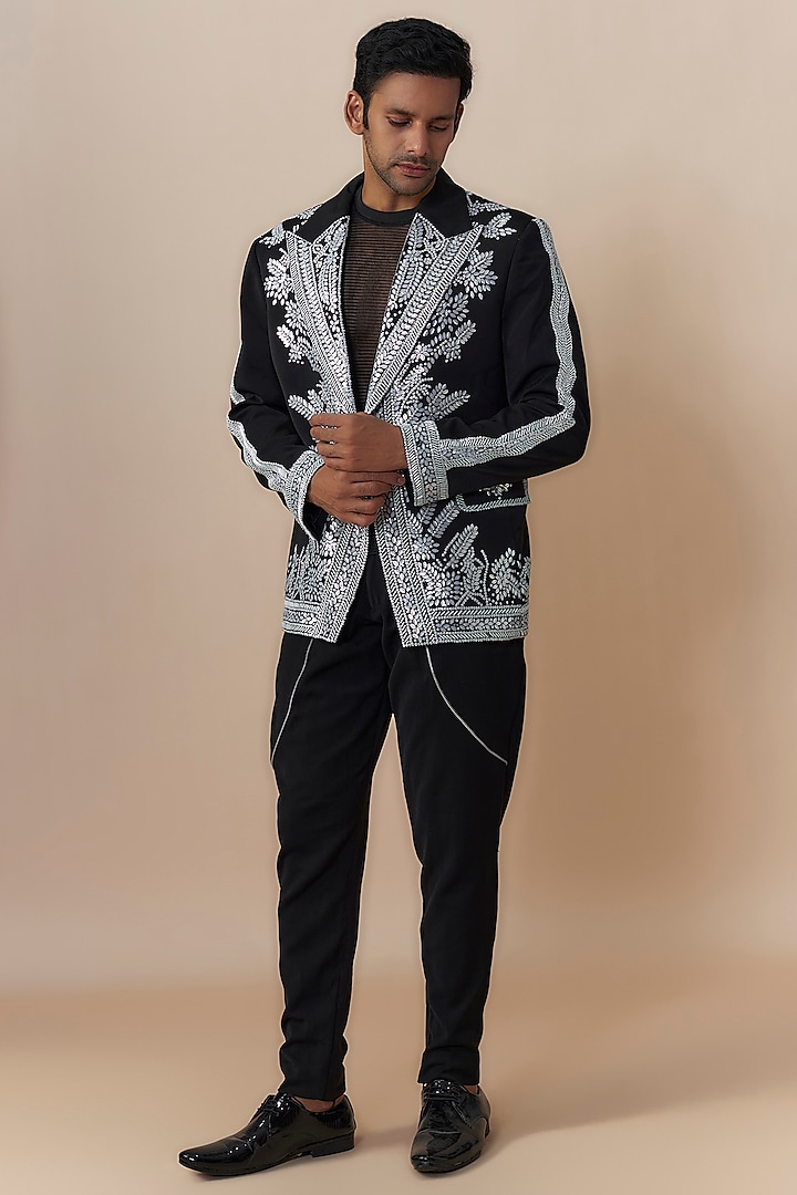 Black Japanese Crepe Cutdana Embroidered Jacket Set by Dapper & Dare