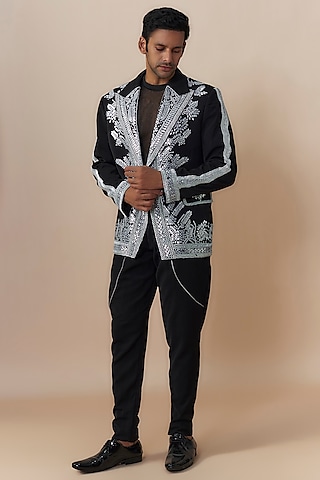 Black Japanese Crepe Cutdana Embroidered Jacket Set by Dapper & Dare