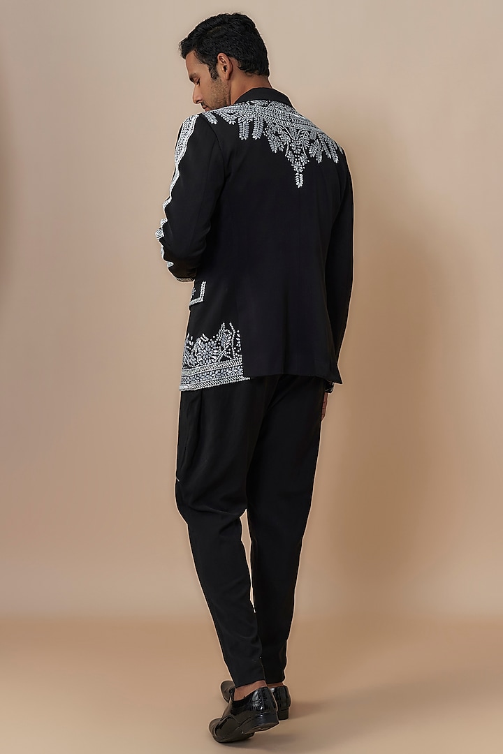 Black Japanese Crepe Cutdana Embroidered Jacket Set by Dapper & Dare at Pernia's Pop Up Shop