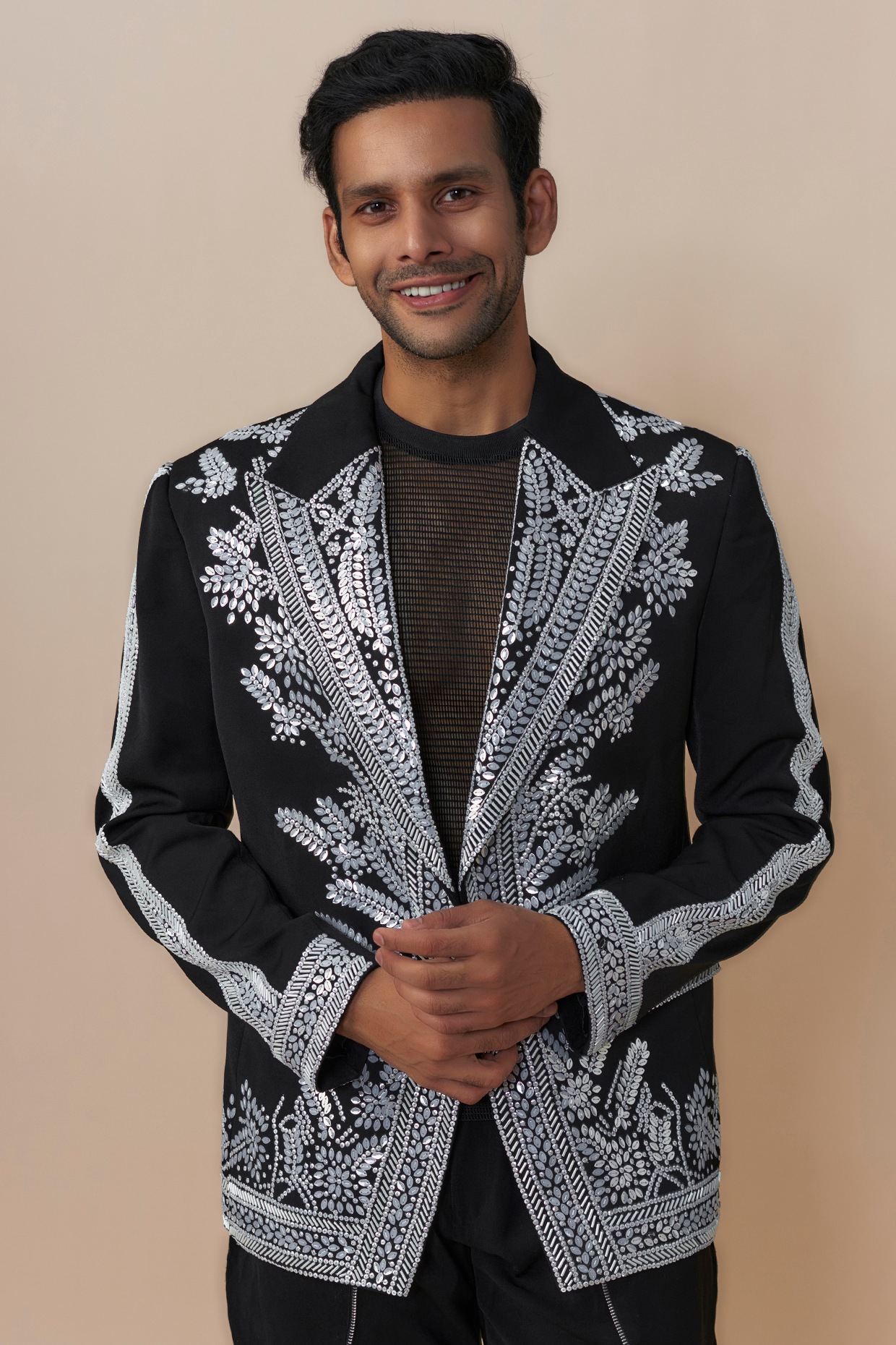 Black Japanese Crepe Cutdana Embroidered Jacket Set by Dapper