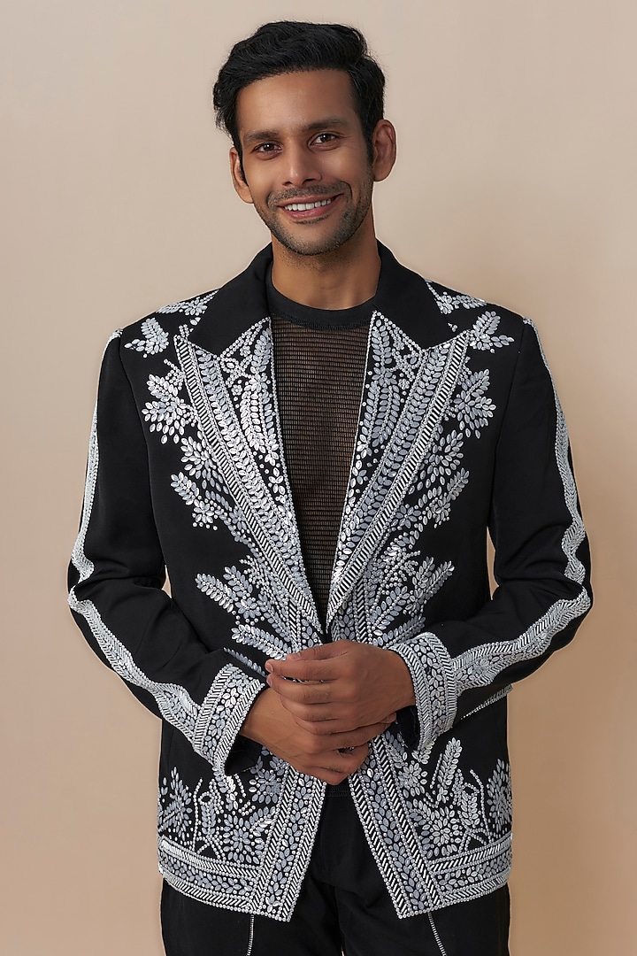 Black Japanese Crepe Cutdana Embroidered Jacket Set by Dapper & Dare at Pernia's Pop Up Shop