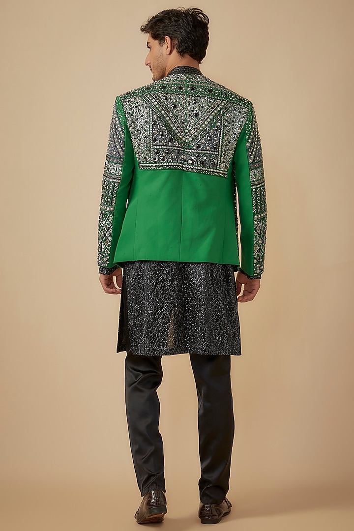 Green Cotton Jute Blend Sequins & Stone Embroidered Groom Indowestern Jacket Set by Dapper & Dare at Pernia's Pop Up Shop