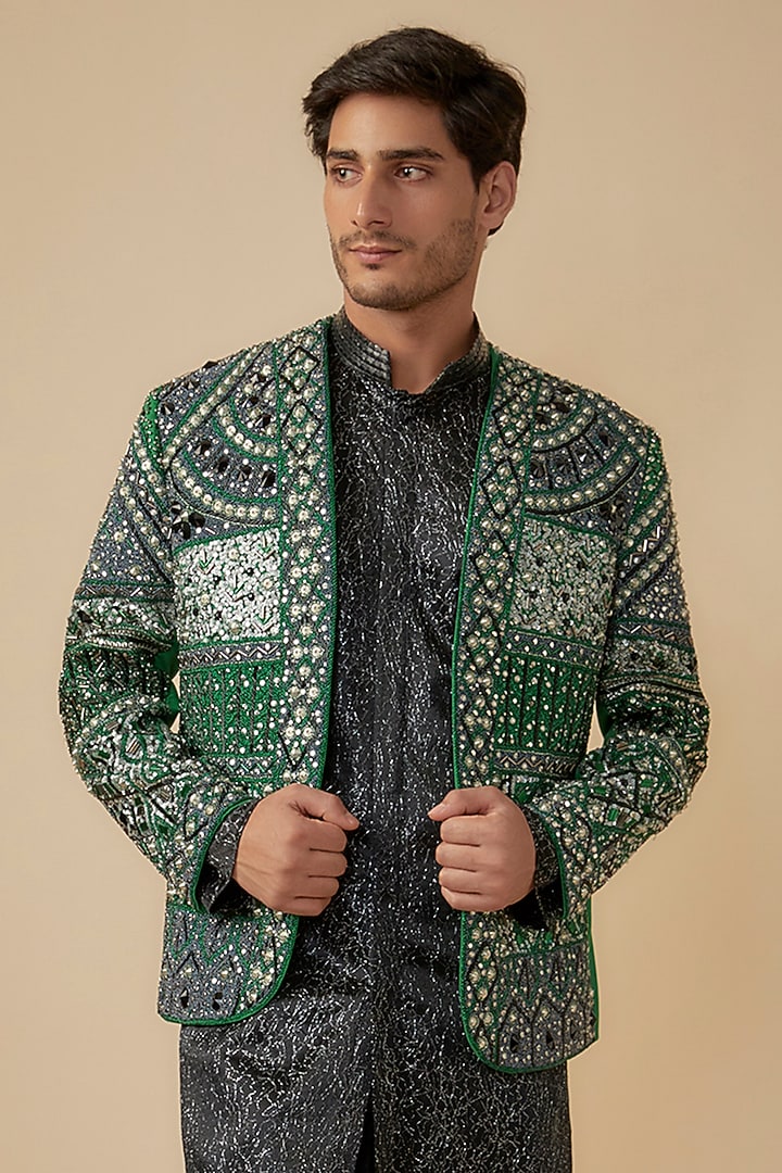 Green Cotton Jute Blend Sequins & Stone Embroidered Groom Indowestern Jacket Set by Dapper & Dare at Pernia's Pop Up Shop
