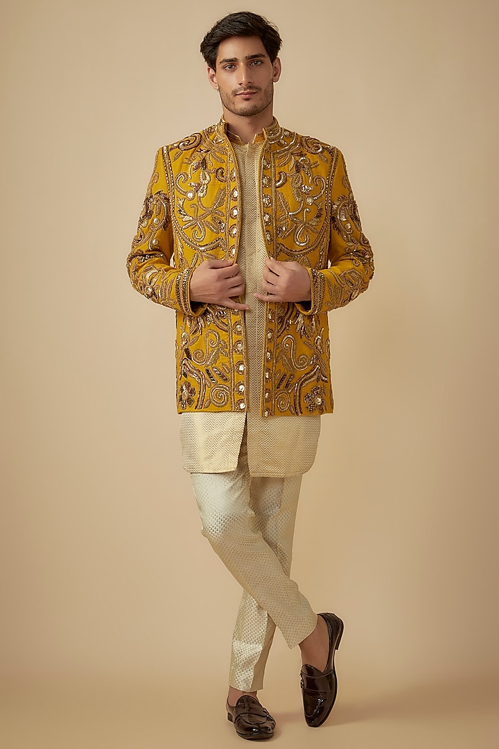 Yellow Cotton Jute Blend Sequins & Resham Embroidered Indowestern Jacket Set by Dapper & Dare