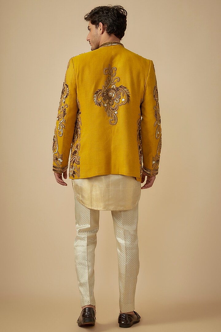 Yellow Cotton Jute Blend Sequins & Resham Embroidered Groom Indowestern Jacket Set by Dapper & Dare at Pernia's Pop Up Shop