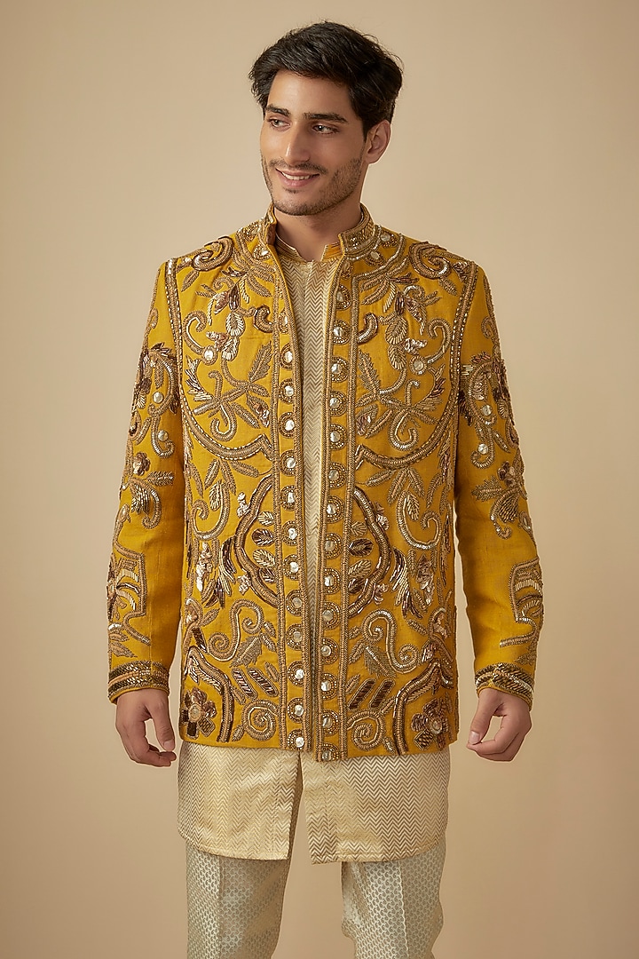 Yellow Cotton Jute Blend Sequins & Resham Embroidered Groom Indowestern Jacket Set by Dapper & Dare at Pernia's Pop Up Shop
