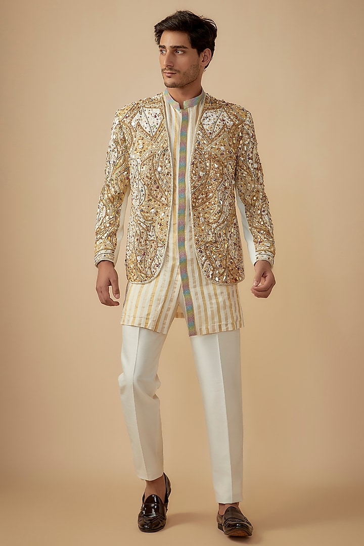 White Cotton Jute Blend Sequins & Stone Embroidered Indowestern Jacket Set by Dapper & Dare