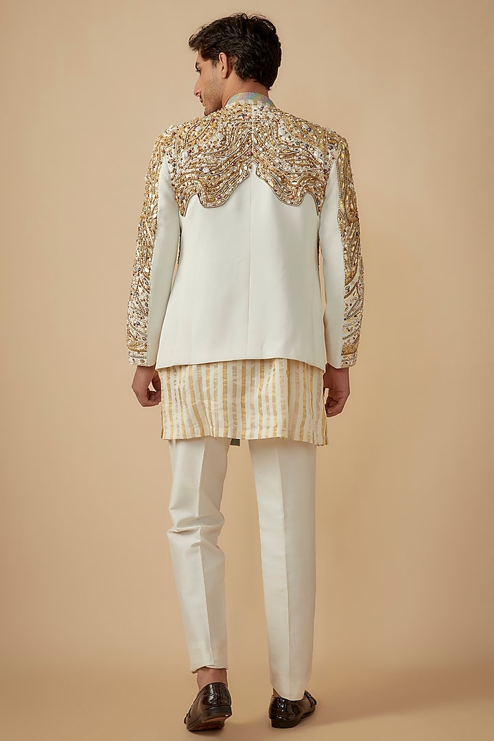 White Cotton Jute Blend Sequins & Stone Embroidered Groom Indowestern Jacket Set by Dapper & Dare at Pernia's Pop Up Shop