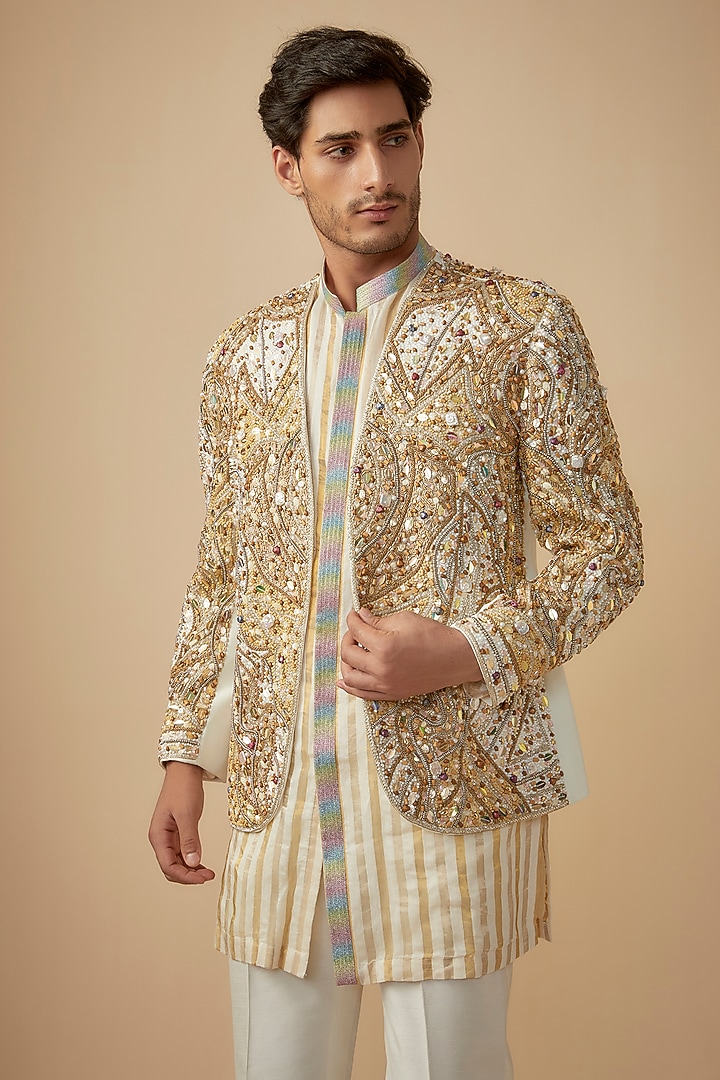 White Cotton Jute Blend Sequins & Stone Embroidered Groom Indowestern Jacket Set by Dapper & Dare at Pernia's Pop Up Shop