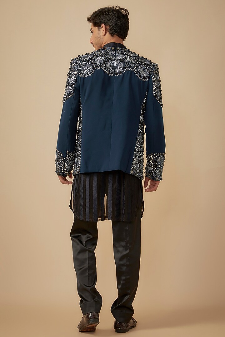 Blue Japanese Crepe Sequins & Stone Embroidered Groom Indowestern Set by Dapper & Dare at Pernia's Pop Up Shop