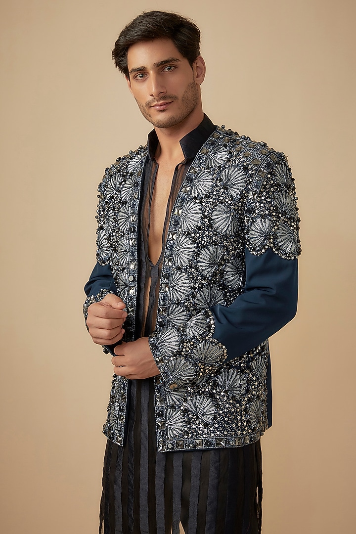 Blue Japanese Crepe Sequins & Stone Embroidered Groom Indowestern Set by Dapper & Dare at Pernia's Pop Up Shop