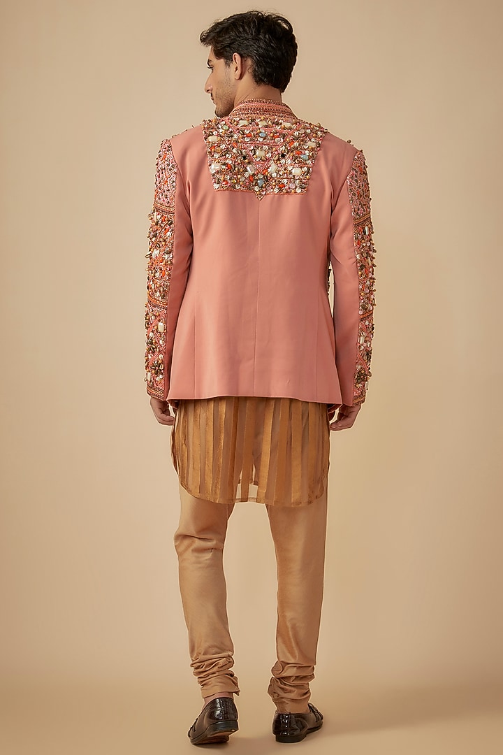 Peach Japanese Crepe Sequins & Stone Embroidered Groom Indowestern Set by Dapper & Dare at Pernia's Pop Up Shop