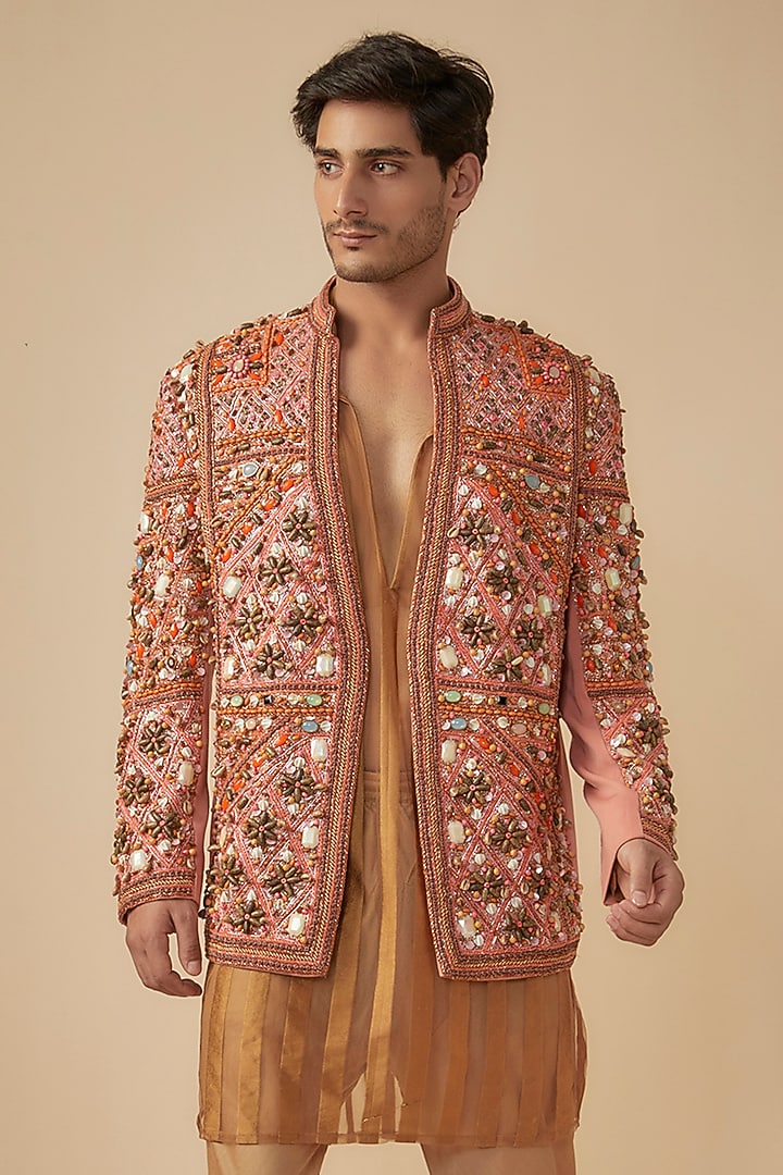 Peach Japanese Crepe Sequins & Stone Embroidered Groom Indowestern Set by Dapper & Dare at Pernia's Pop Up Shop