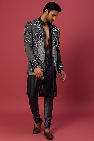 Metallic Grey Indo Western Set by Dapper & Dare