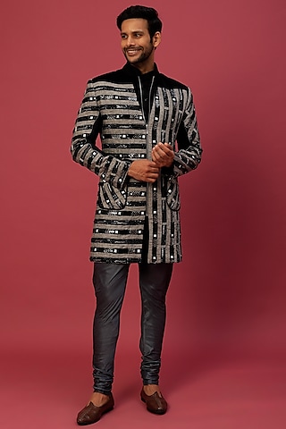 Silver Grey & Black Indo Western Set by Dapper & Dare