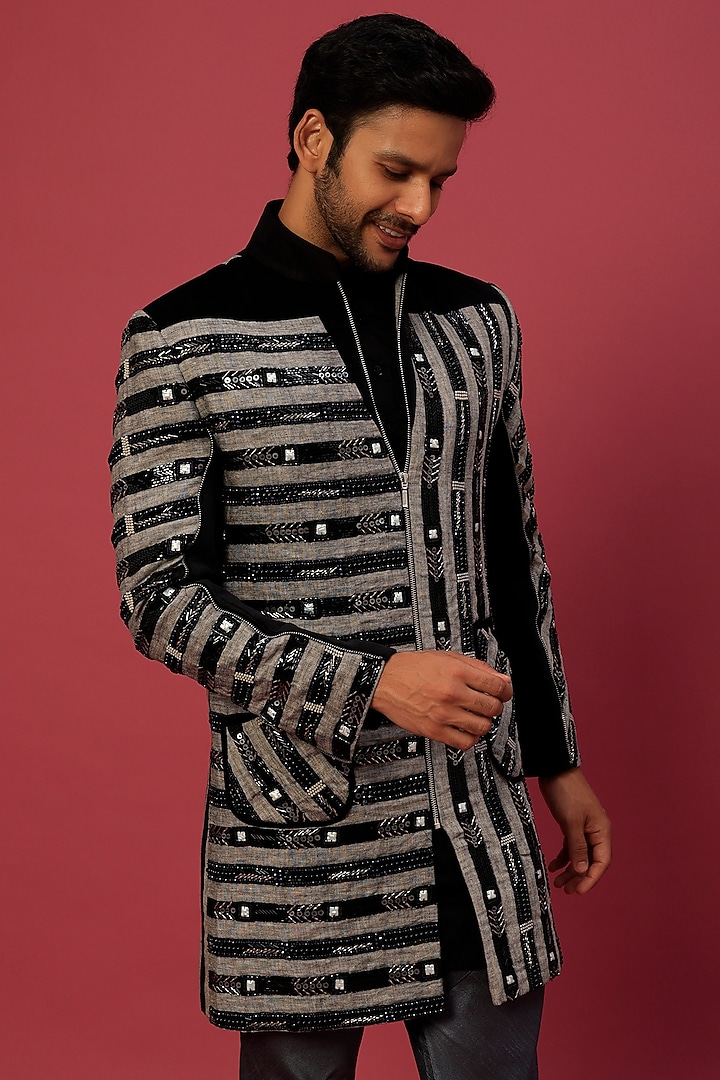 Silver Grey & Black Indo Western Set by Dapper & Dare at Pernia's Pop Up Shop