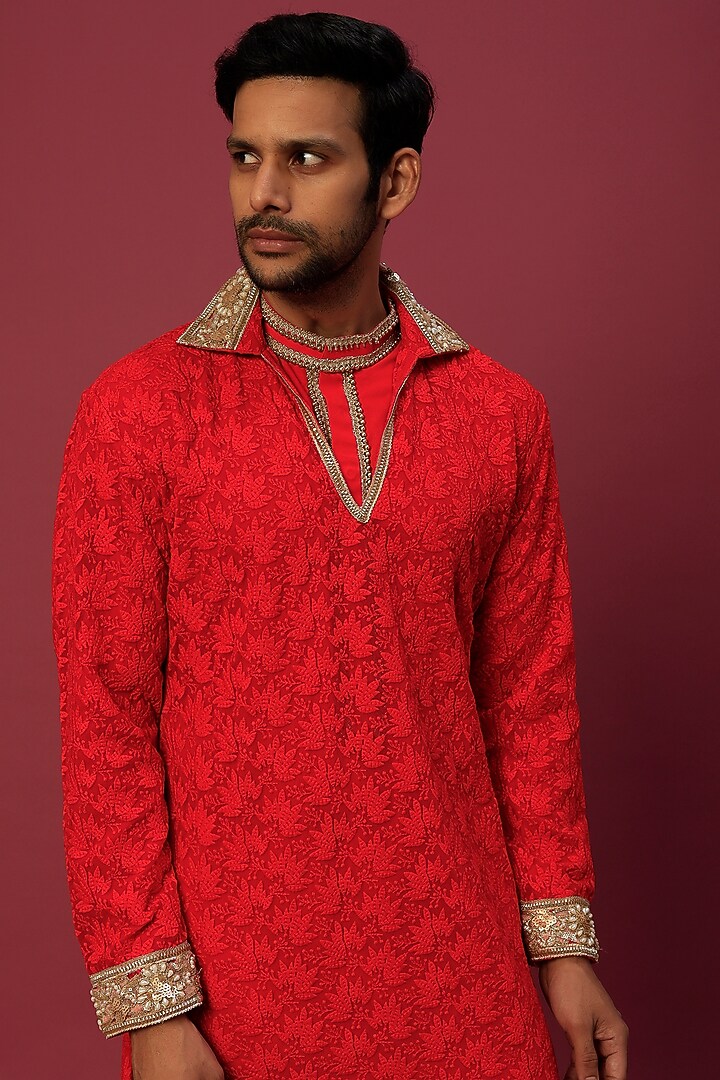 Red Chikankari Kurta Set by Dapper & Dare at Pernia's Pop Up Shop