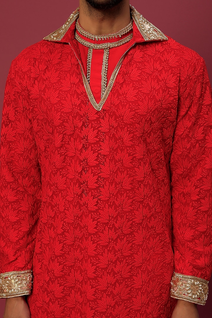 Red Chikankari Kurta Set by Dapper & Dare at Pernia's Pop Up Shop