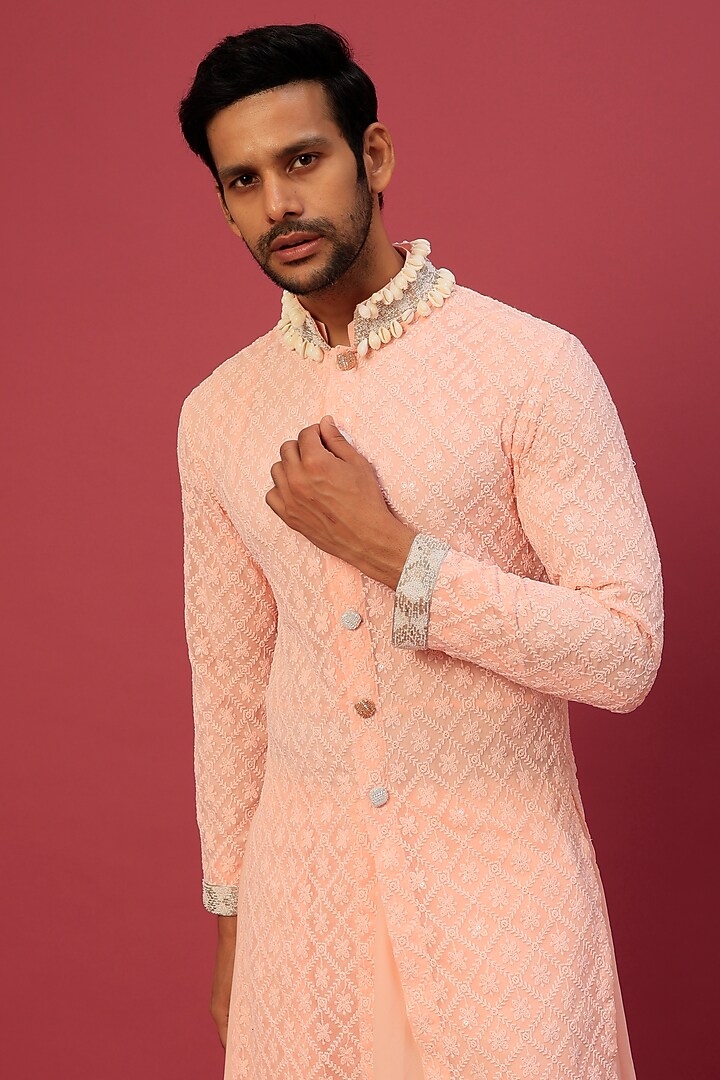 Light Pink Chikankari Jacket Set by Dapper & Dare at Pernia's Pop Up Shop