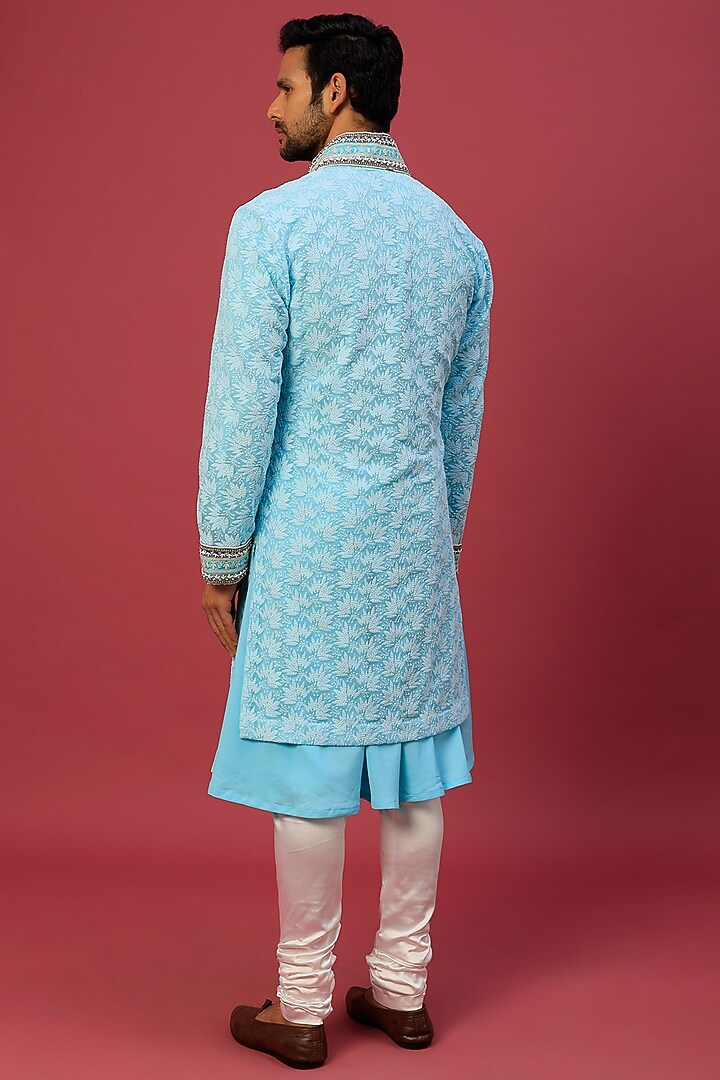 Cyan Blue Chikankari Indowestern Set by Dapper & Dare at Pernia's Pop Up Shop