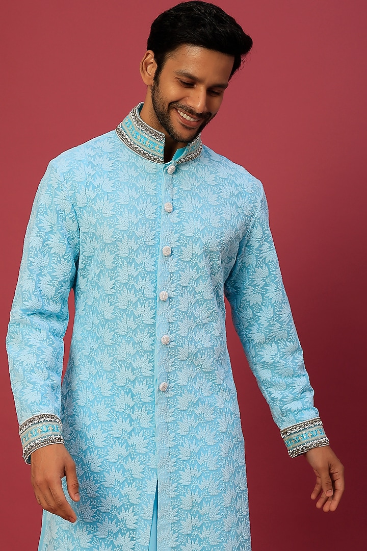 Cyan Blue Chikankari Indowestern Set by Dapper & Dare at Pernia's Pop Up Shop