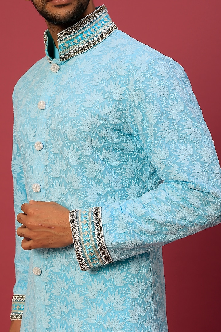 Cyan Blue Chikankari Indowestern Set by Dapper & Dare at Pernia's Pop Up Shop