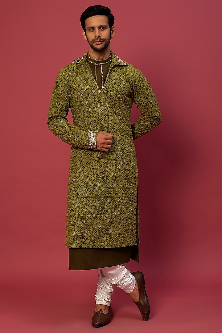 Mehendi Green Chikankari Kurta Set by Dapper & Dare