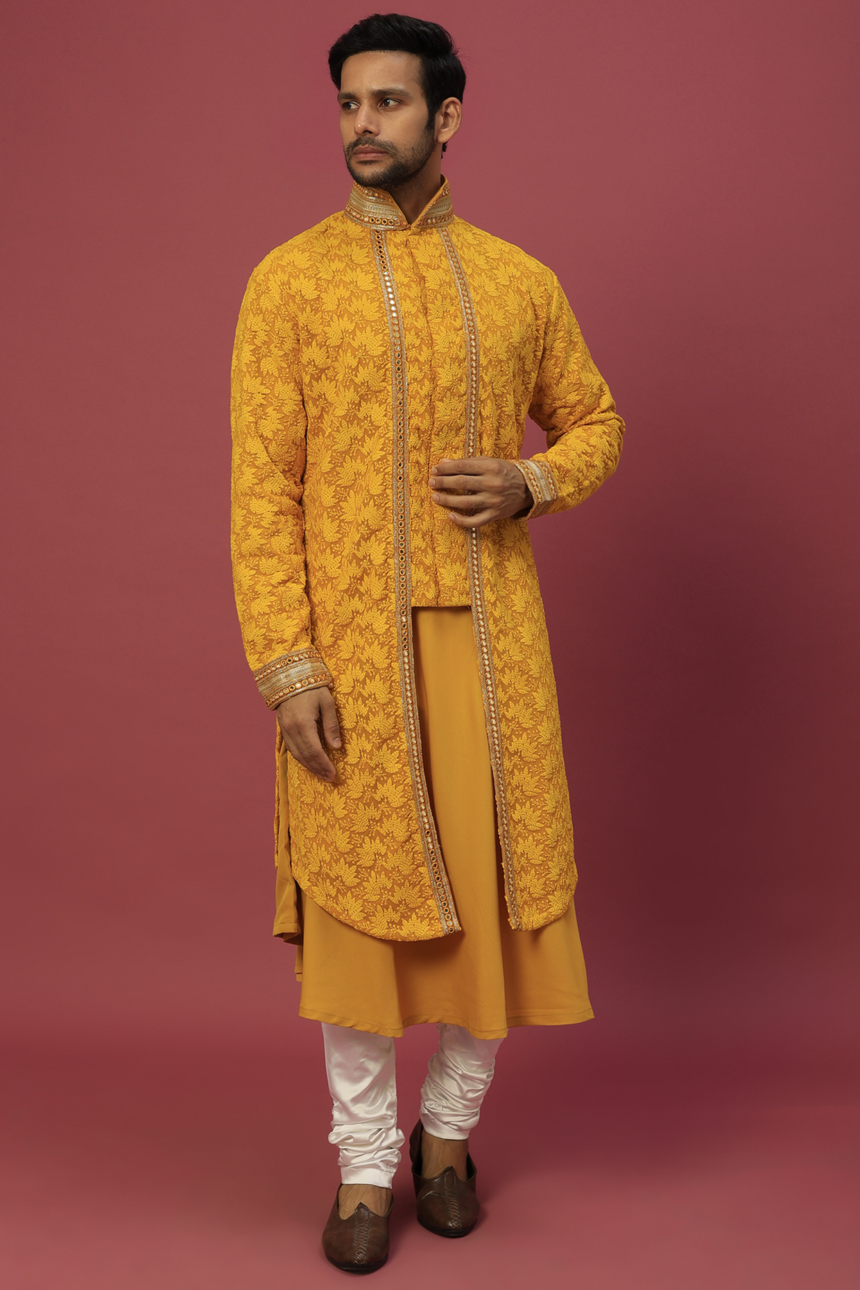 Bright Yellow Chikankari Indowestern Set by Dapper & Dare