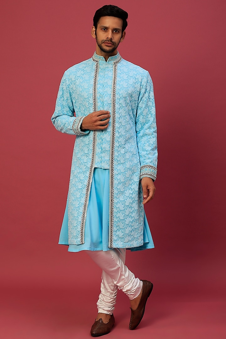 Cyan Blue Chikankari Indowestern Set by Dapper & Dare