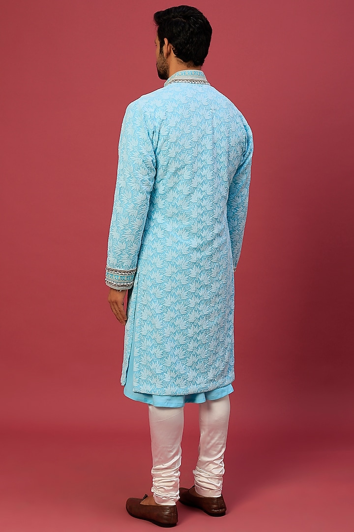 Cyan Blue Chikankari Indowestern Set by Dapper & Dare at Pernia's Pop Up Shop