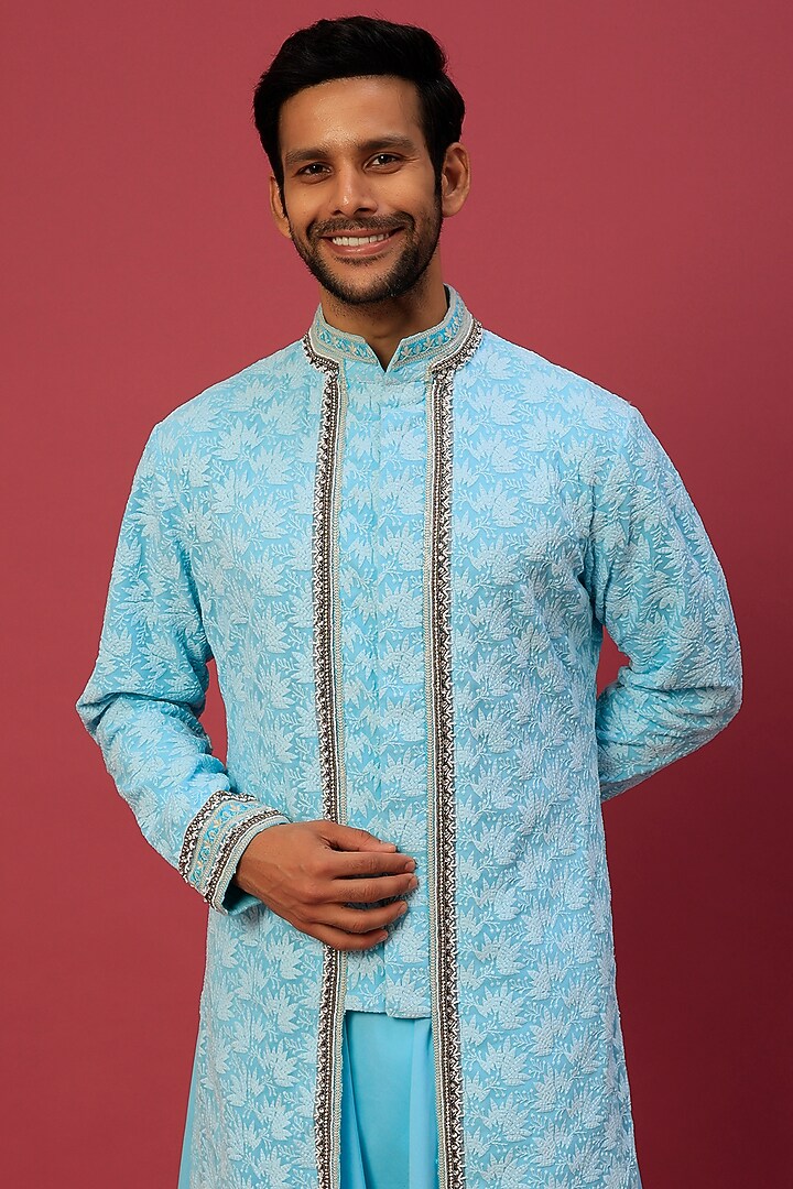 Cyan Blue Chikankari Indowestern Set by Dapper & Dare at Pernia's Pop Up Shop