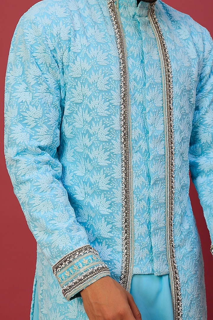 Cyan Blue Chikankari Indowestern Set by Dapper & Dare at Pernia's Pop Up Shop