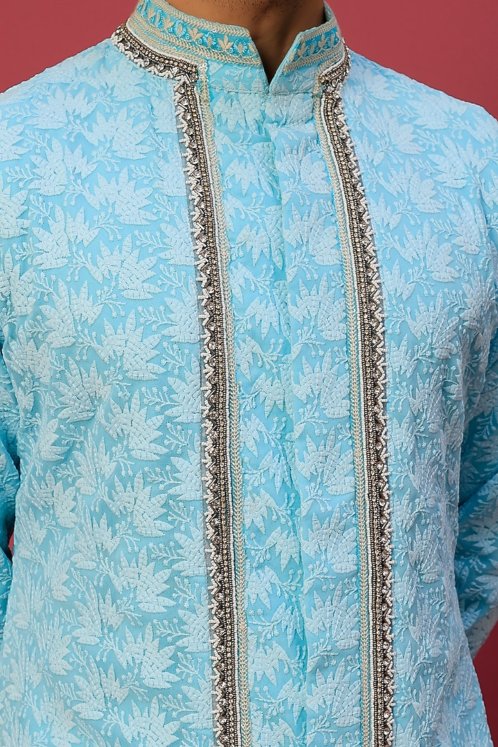 Cyan Blue Chikankari Indowestern Set by Dapper & Dare at Pernia's Pop Up Shop