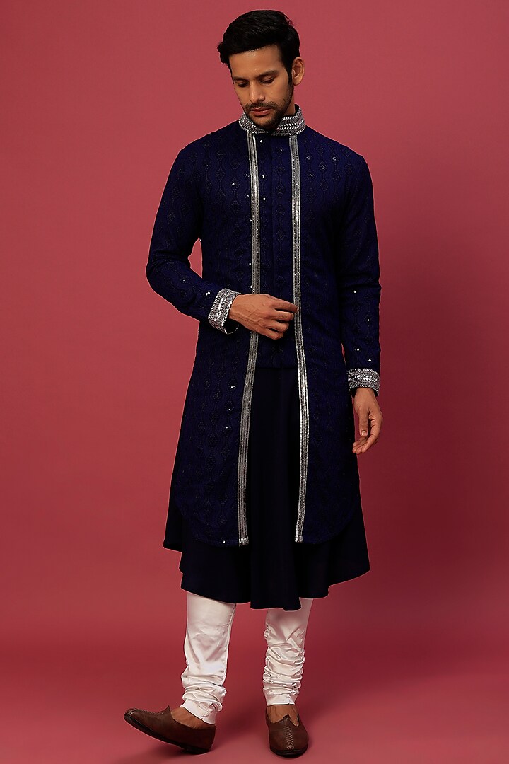 Midnight Blue Chikankari Indowestern Set by Dapper & Dare