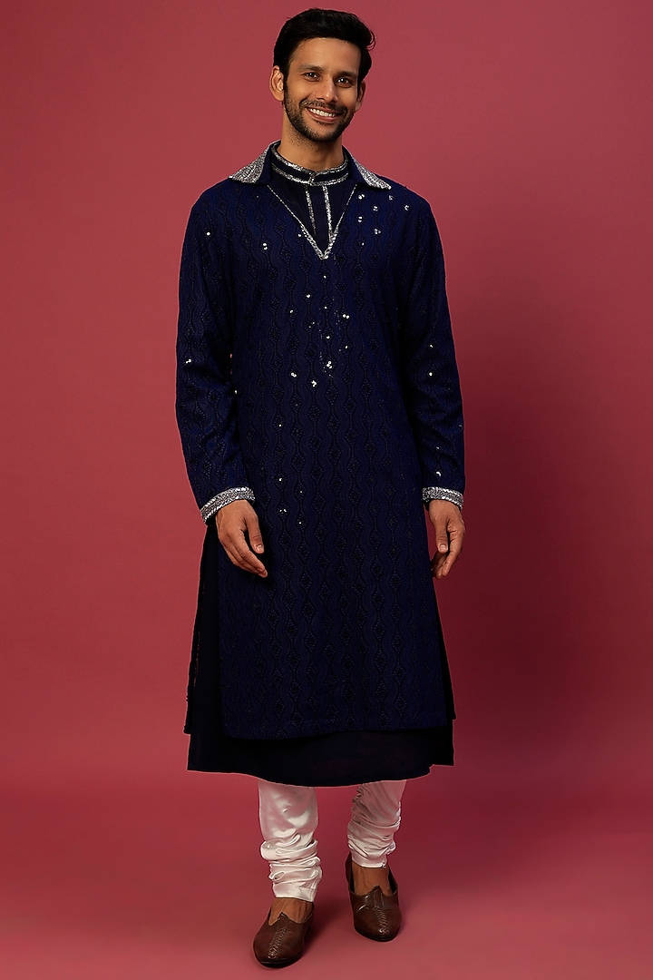 Midnight Blue Kurta Set In Chikankari by Dapper & Dare at Pernia's Pop Up Shop
