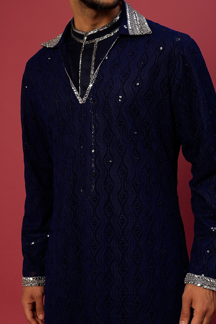 Midnight Blue Kurta Set In Chikankari by Dapper & Dare at Pernia's Pop Up Shop