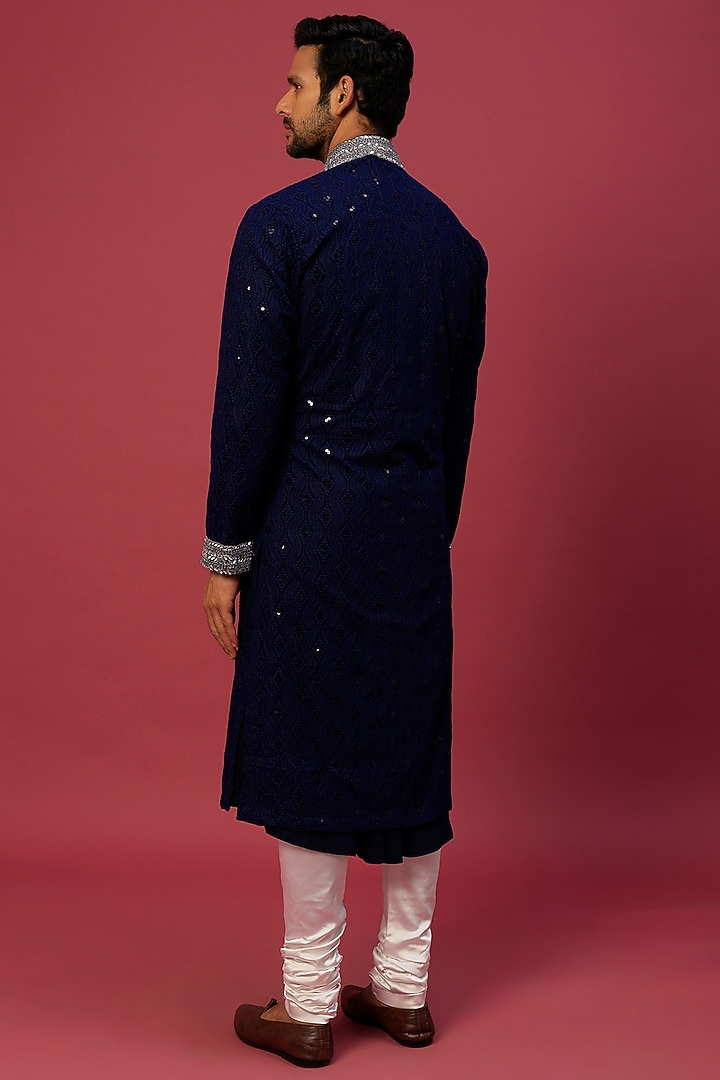 Midnight Blue Chikankari Indo Western Jacket Set by Dapper & Dare at Pernia's Pop Up Shop