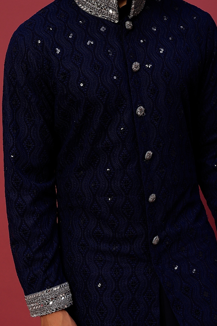 Midnight Blue Chikankari Indo Western Jacket Set by Dapper & Dare at Pernia's Pop Up Shop