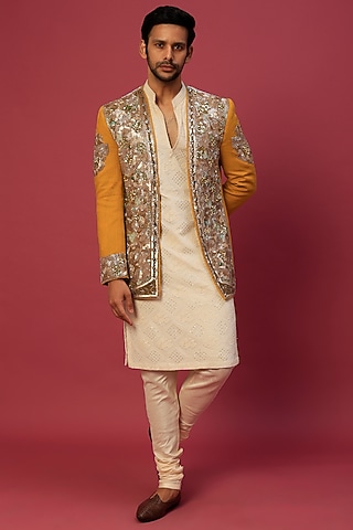 Turmeric Yellow Jacket With Kurta Set by Dapper & Dare