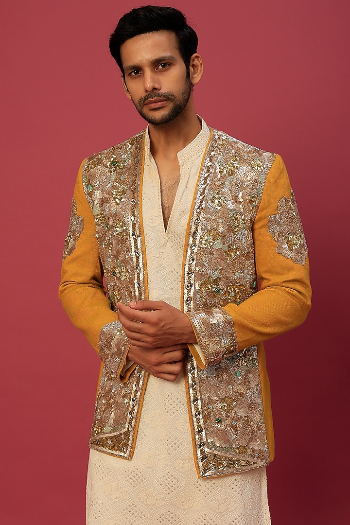 Turmeric Yellow Jacket With Kurta Set by Dapper & Dare at Pernia's Pop Up Shop