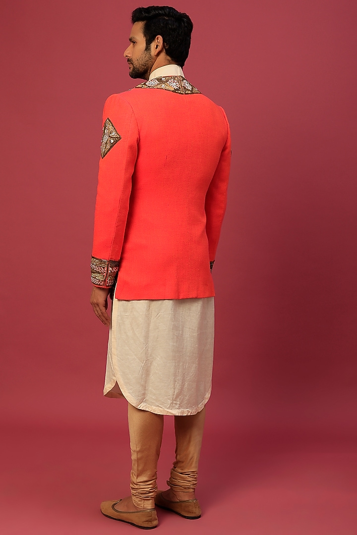 Scarlet Red Jacket With Kurta Set by Dapper & Dare at Pernia's Pop Up Shop