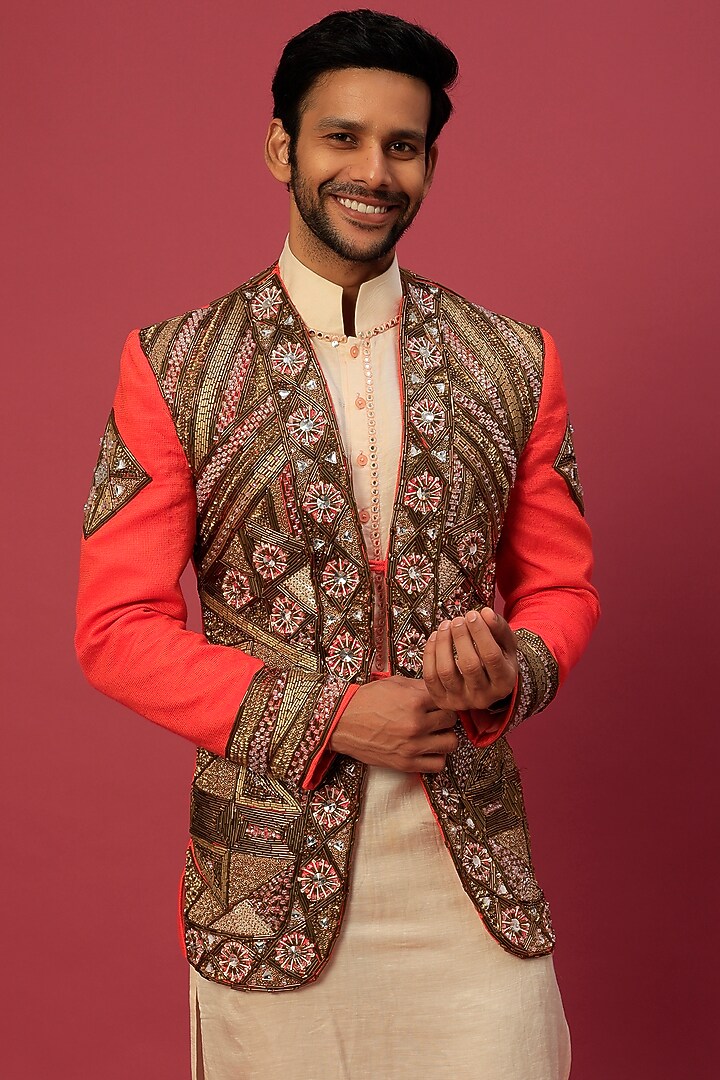 Scarlet Red Jacket With Kurta Set by Dapper & Dare at Pernia's Pop Up Shop