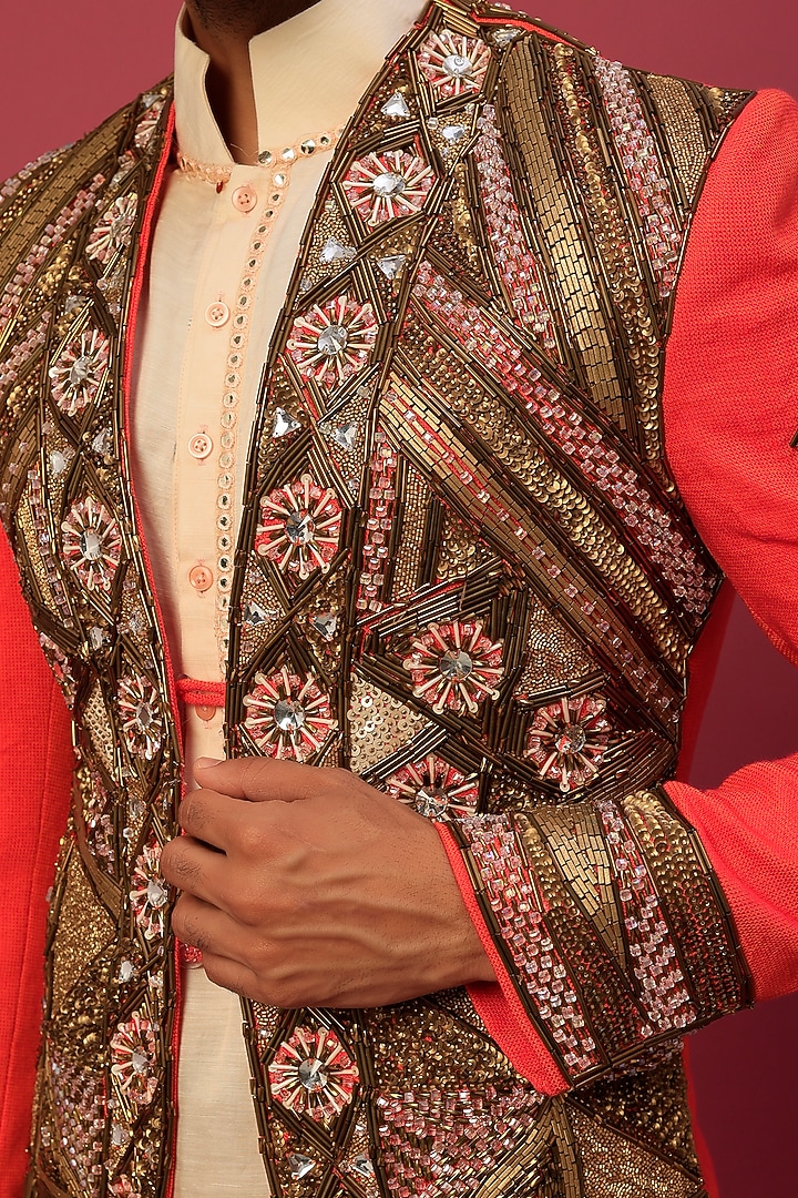Scarlet Red Jacket With Kurta Set by Dapper & Dare at Pernia's Pop Up Shop