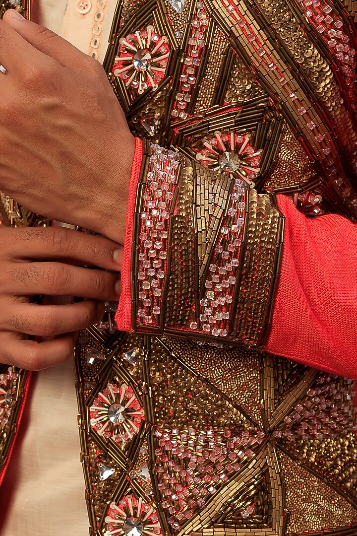 Scarlet Red Jacket With Kurta Set by Dapper & Dare at Pernia's Pop Up Shop