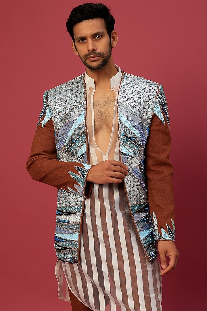 Pecan Brown Jacket With Kurta Set by Dapper & Dare at Pernia's Pop Up Shop
