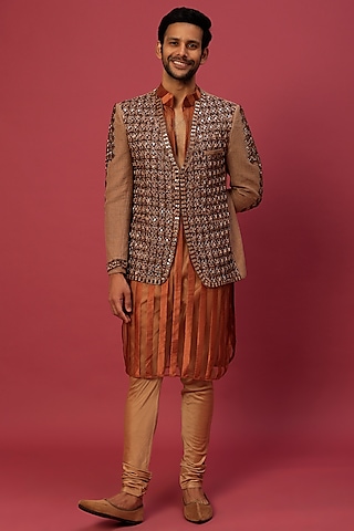 Caramel Brown Jacket With Kurta Set by Dapper & Dare