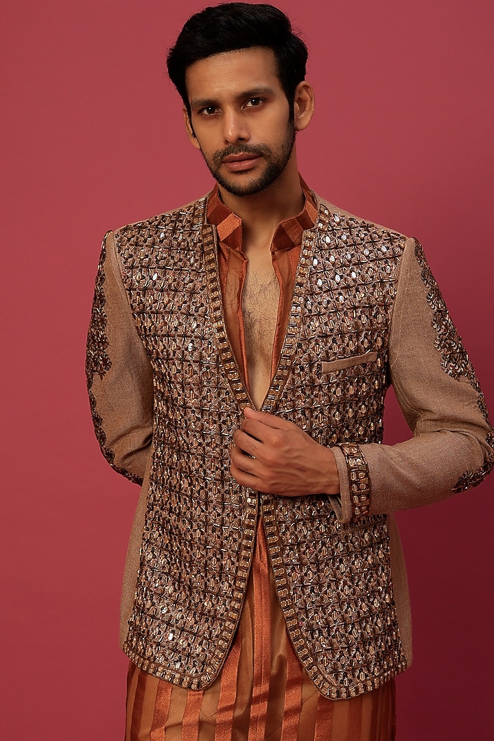 Caramel Brown Jacket With Kurta Set by Dapper & Dare at Pernia's Pop Up Shop